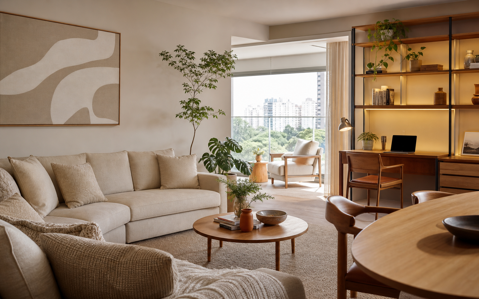 Ambiente residencial contemporâneo com mobiliário, iluminação natural e decoração integrada
